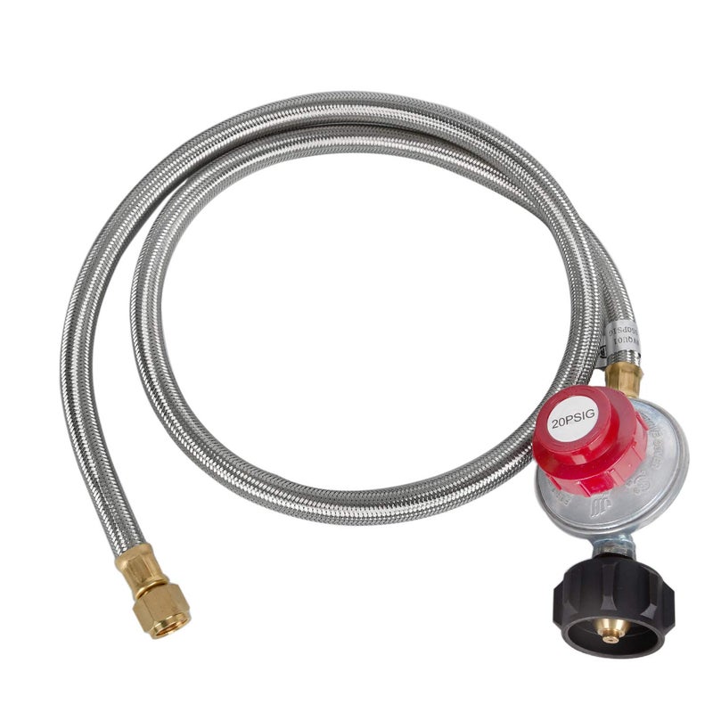 GasSaf 5 Feet Stainless Steel Braided 20 PSI Adjustable Propane Regulator Hose with QCC-1/Type,Gas Grill LP Regulator for Burner, Turkey Fryer, Forge, Smoker and More - Image 1
